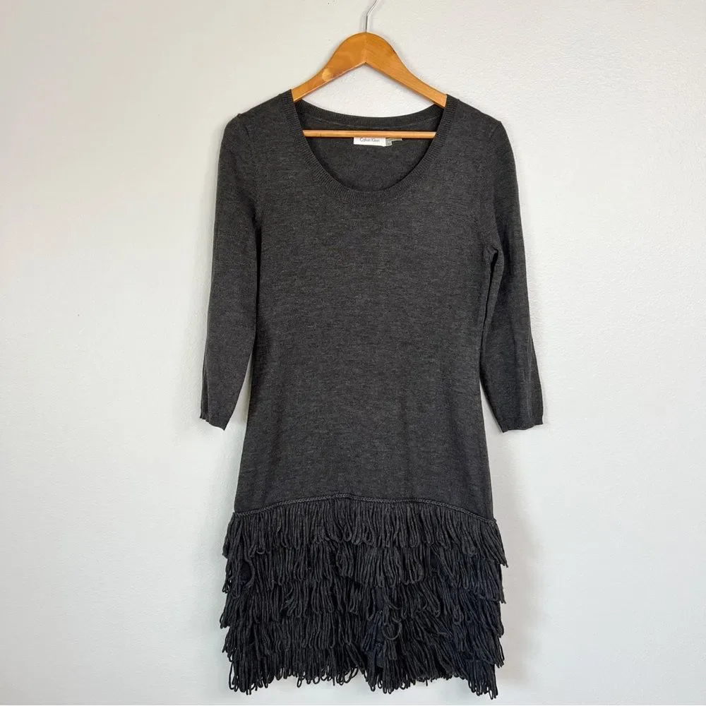 Calvin Klein Dark Grey Fringe 3/4 Sleeve Scoop-neck Bodycon Sweater Dress